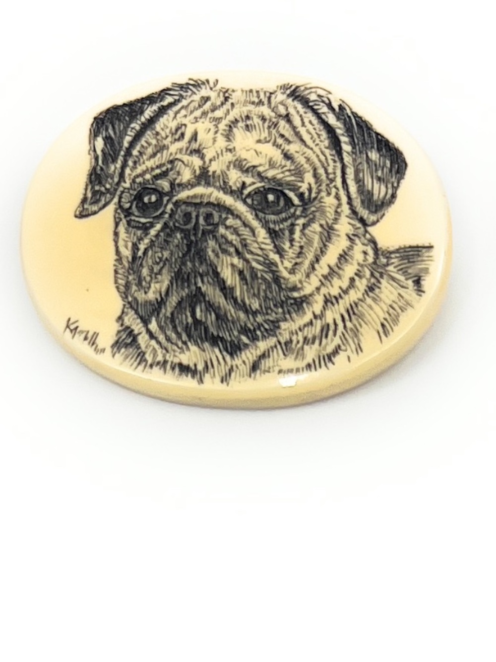 Pug Dog Pin Brooch Necklace Kim McClelland Scrimshaw Resin NEW Old Stock